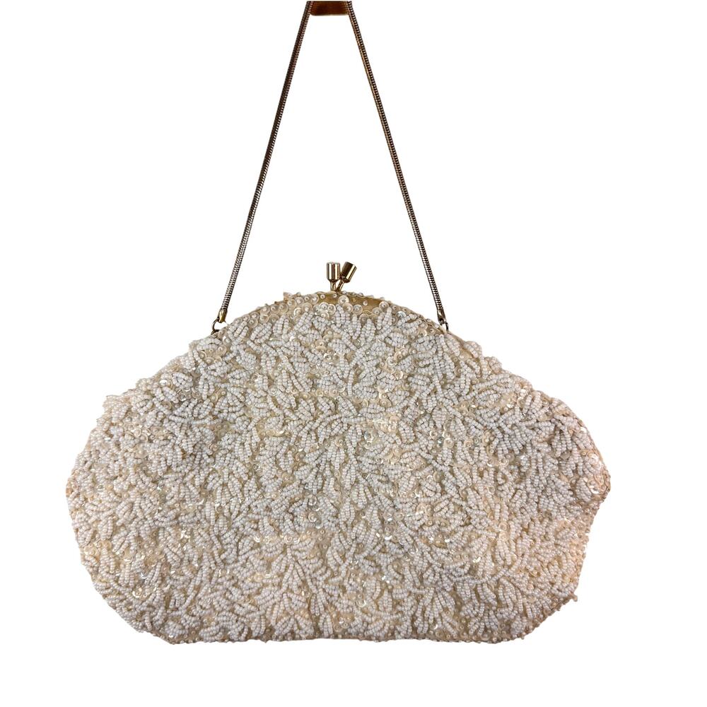 VINTAGE Behrman's La Regale White Beaded Sequin Kiss Lock Evening Clutch Bag